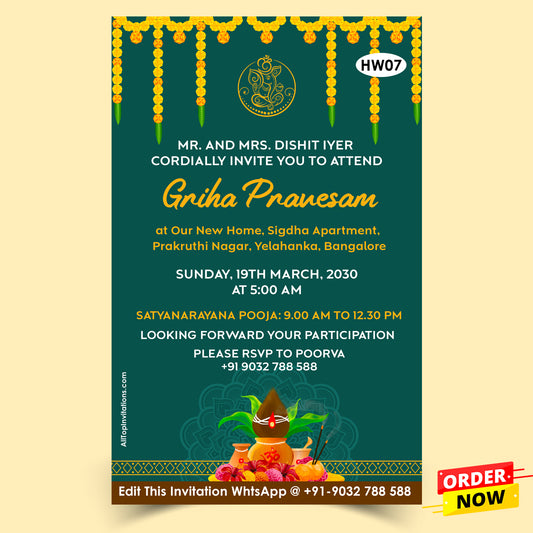 Telugu Traditional Housewarming Invitation in Gold and Green festive