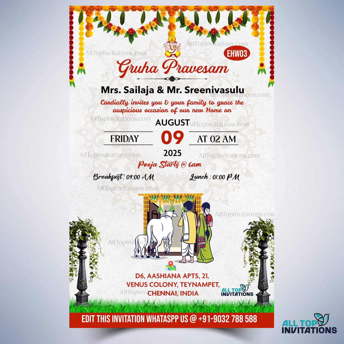 Traditional Hindu Caricature Housewarming Invitation Card