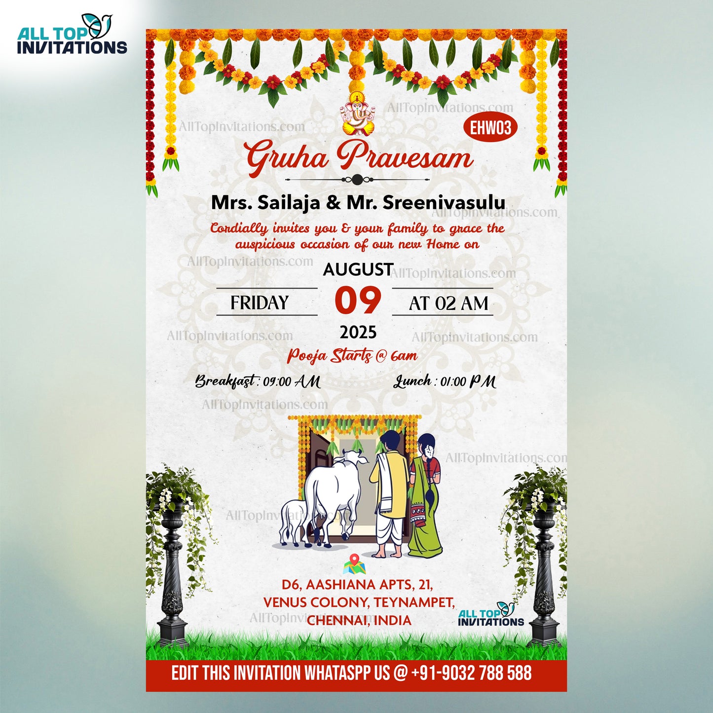 Traditional Gruhapravesam Invitation with flowers