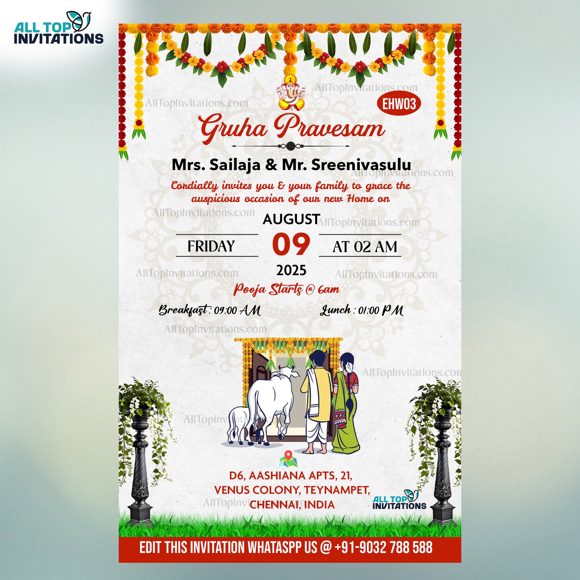 Traditional Gruhapravesam Invitation with flowers