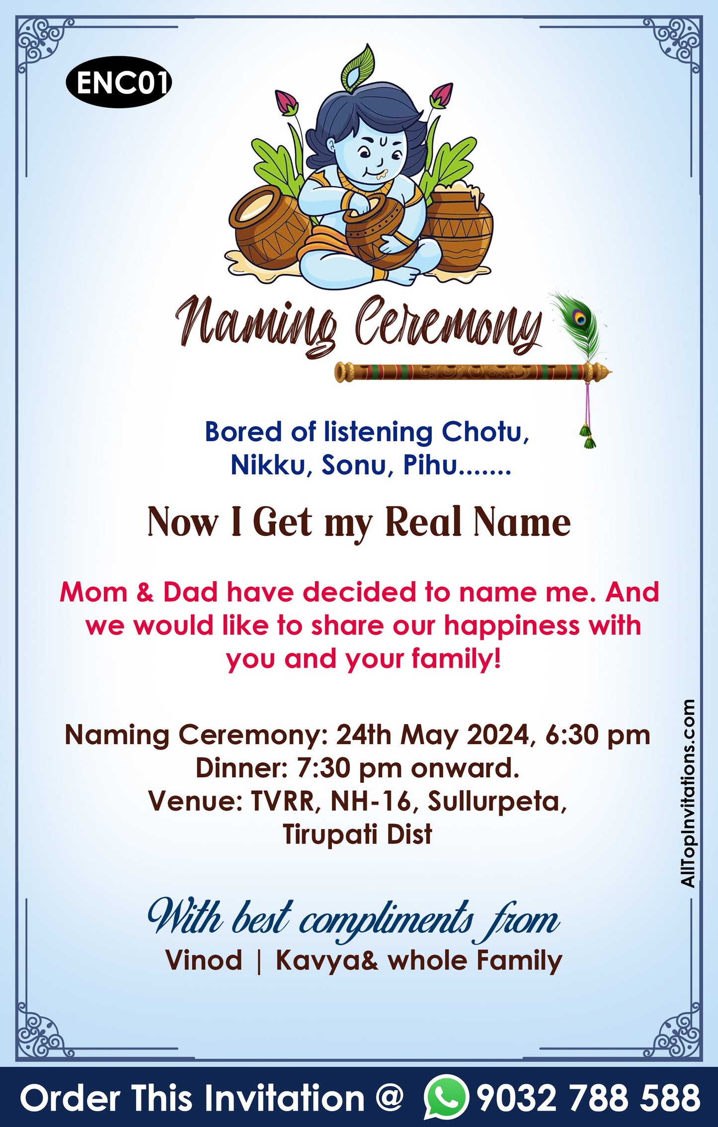 Baby Naming ceremony invitation in english language with as minimalistic theme
