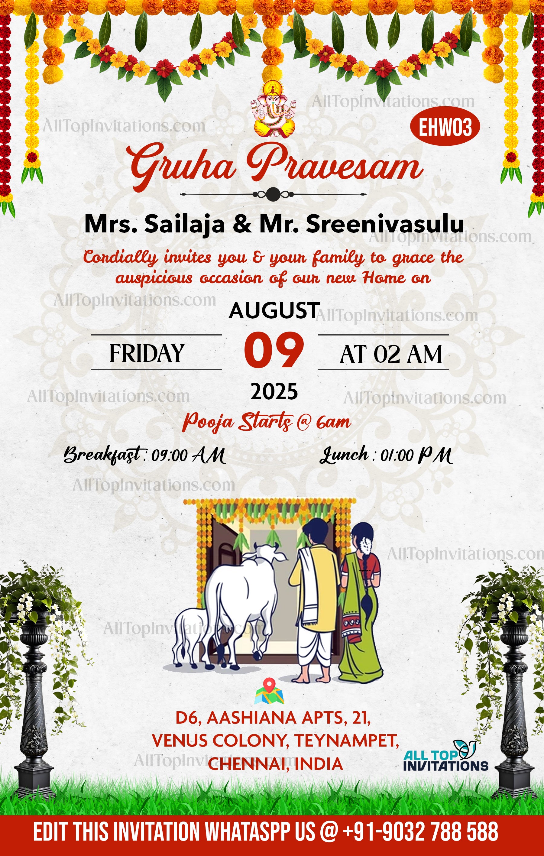 Hindu House Warming Invitation Card in English