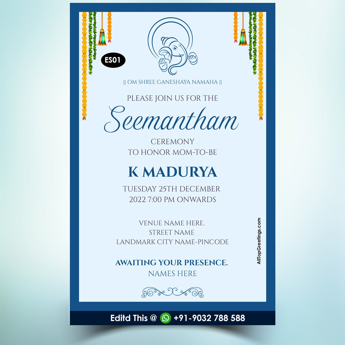 Seemantham Baby Shower ceremony invitation card in english language with flowers