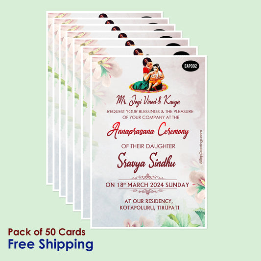 Annaprashan ceremony invitation card in english language with feathers,