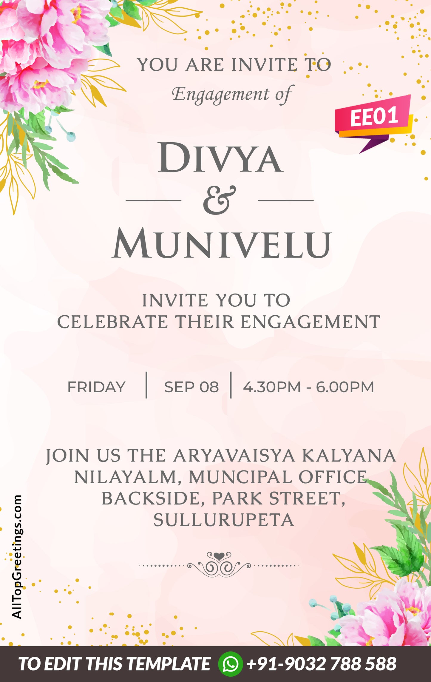 Royal caricature invitation card for Digital Engagement of Telugu family in english traditional