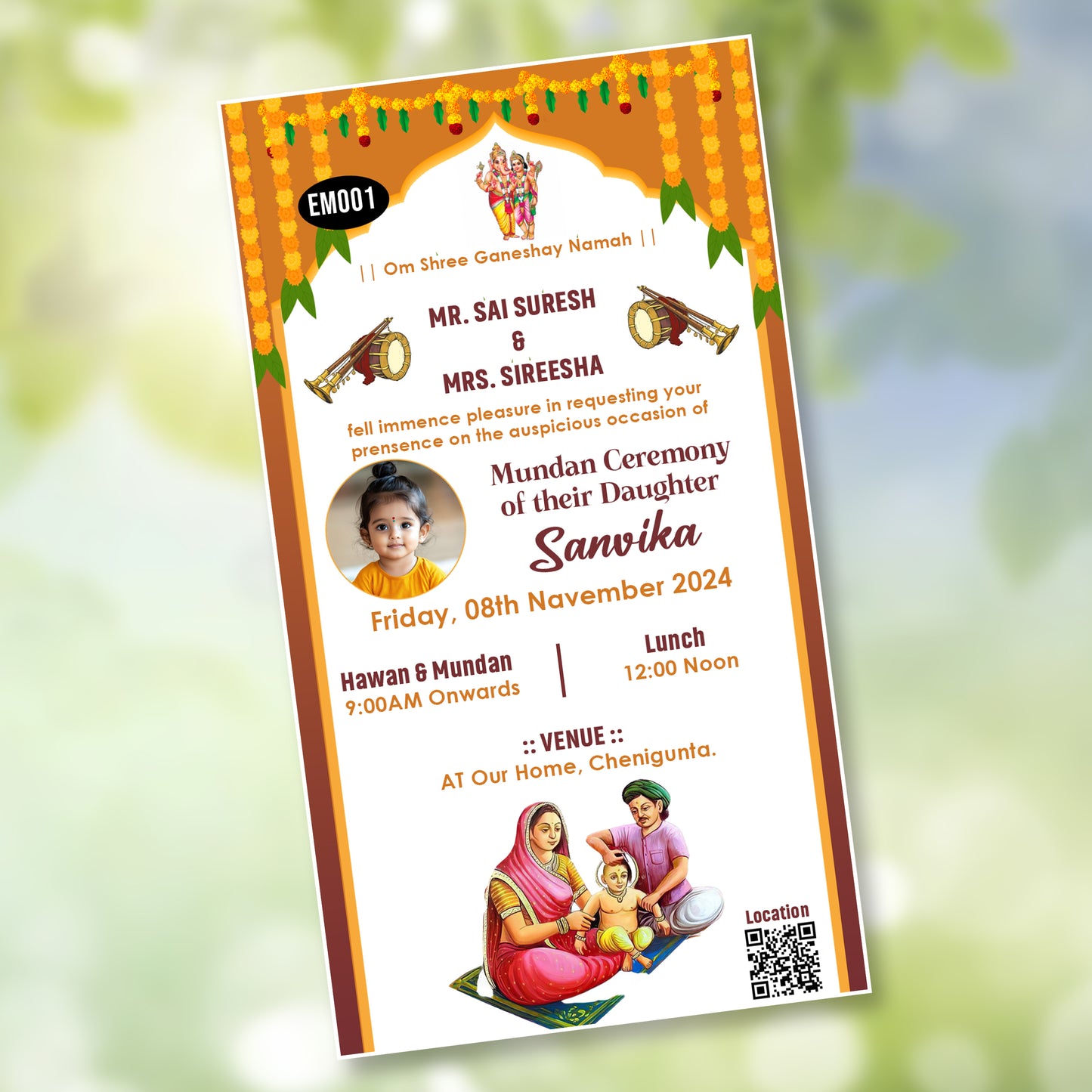 Mundan Ceremony invitation card in english language with marigold garland, flowers, a baby photo frame