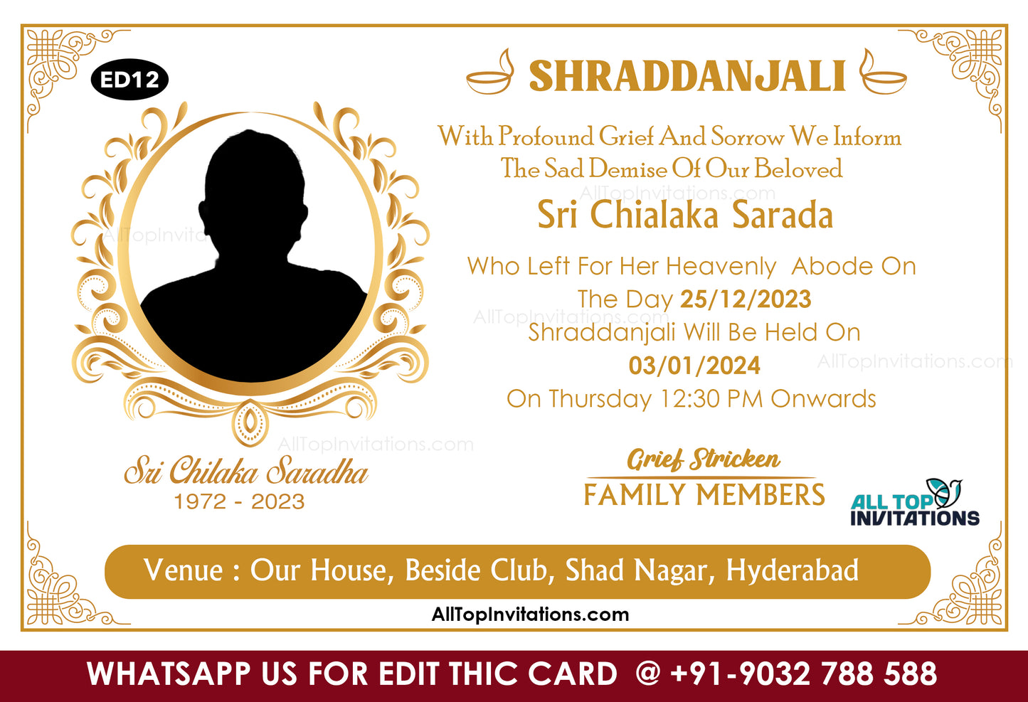Shraddanjali Invitation Card with Golden Text in English - ED12