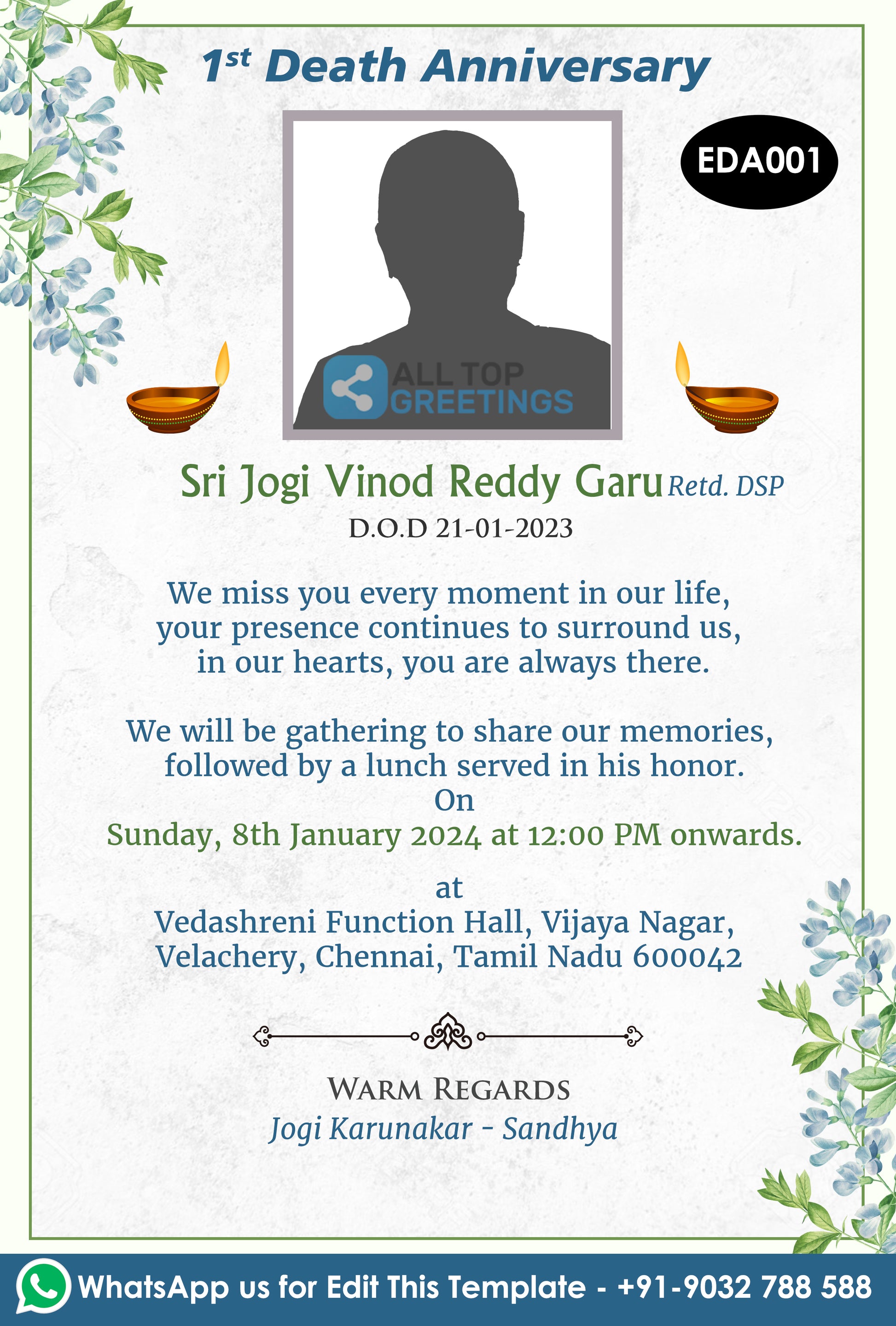 Death anniversary invitation Design Betrothal ceremony invitation card for Catholic family in english language with flowers as floral theme 