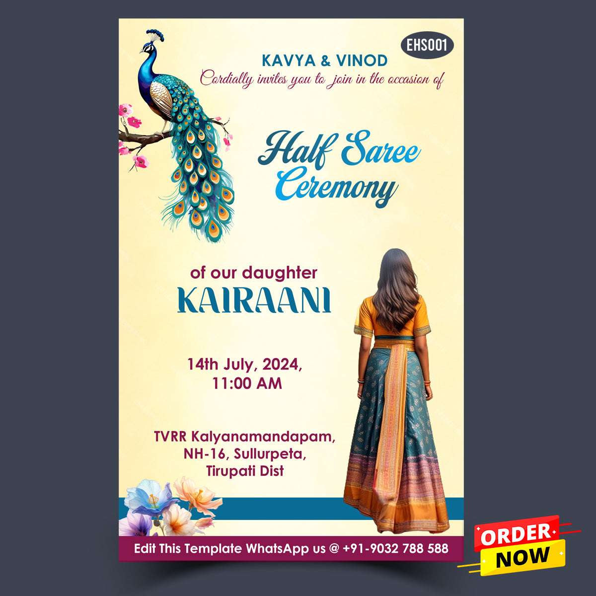 Half Saree Ceremony Invitation Card Template - EHS001