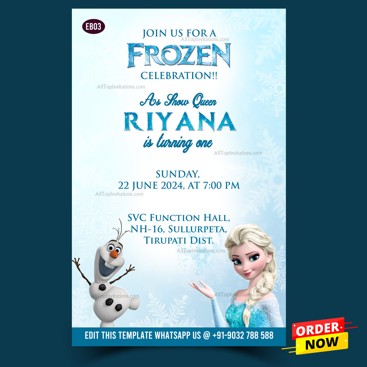 Birthday party invitation card in English language with frozen theme design 