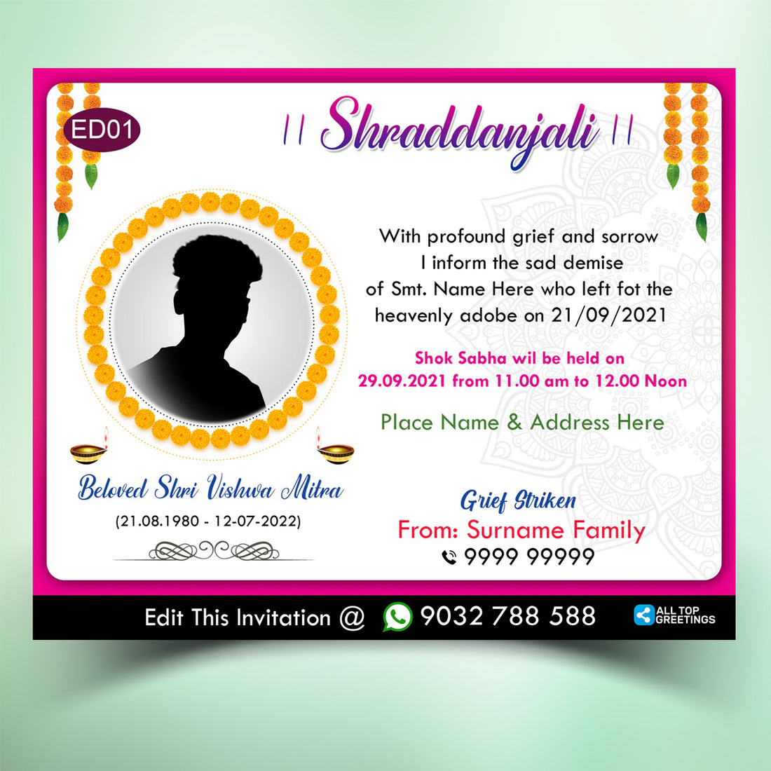 Shradhanjali English Invitation Card Shok Sabha Invitation Card Online ...