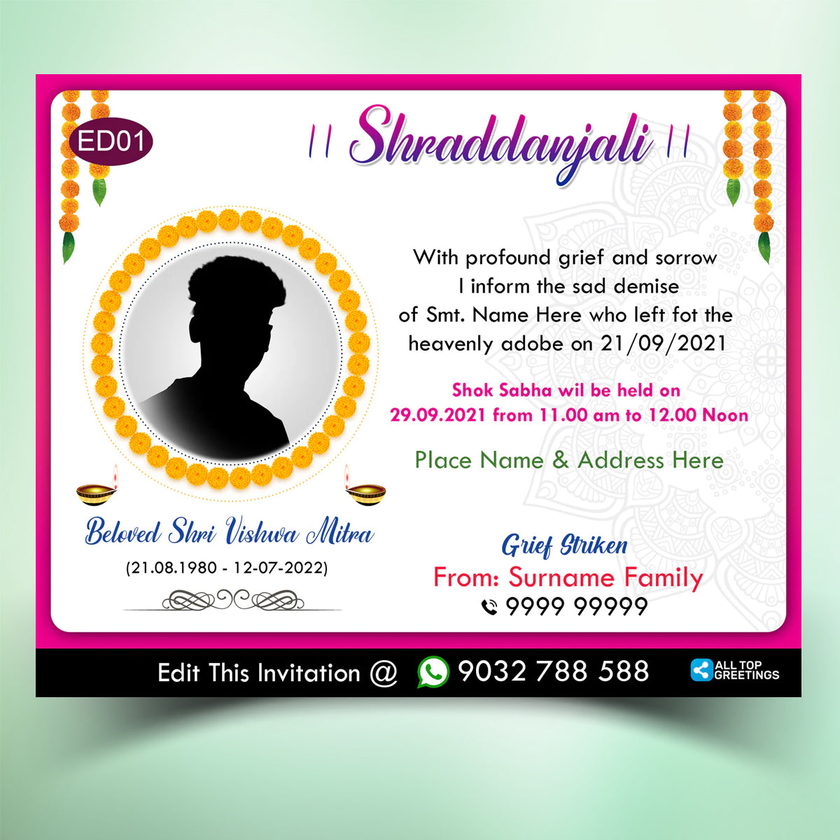Shradhanjali English Invitation Card Shok Sabha Invitation Card Online - ED01