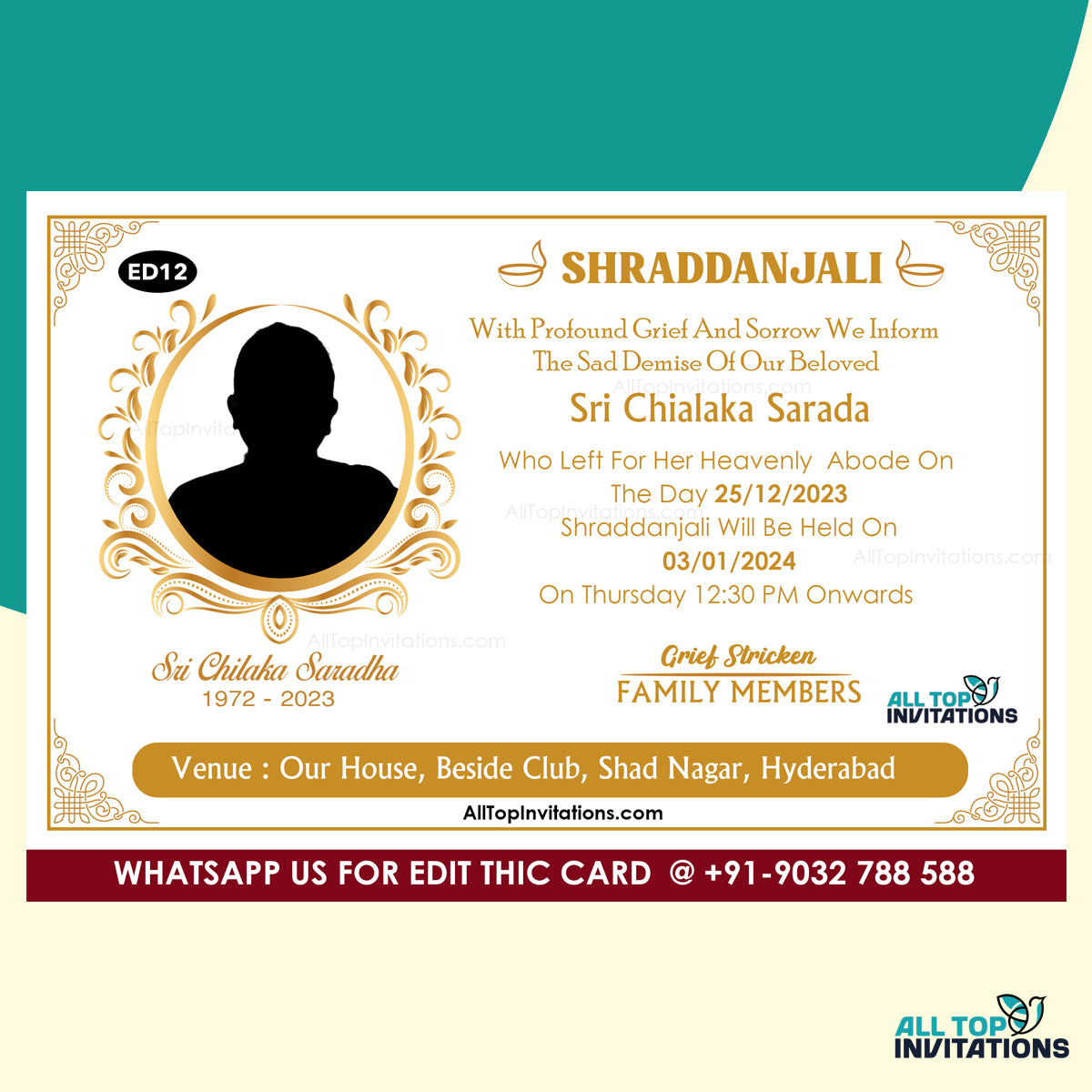 Shraddanjali Invitation Card with Golden Text in English - ED12